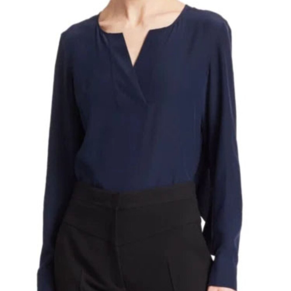 New AKRIS Punto Silk Denim Blue V Neck Ruffle Sleeve Top Blouse 4